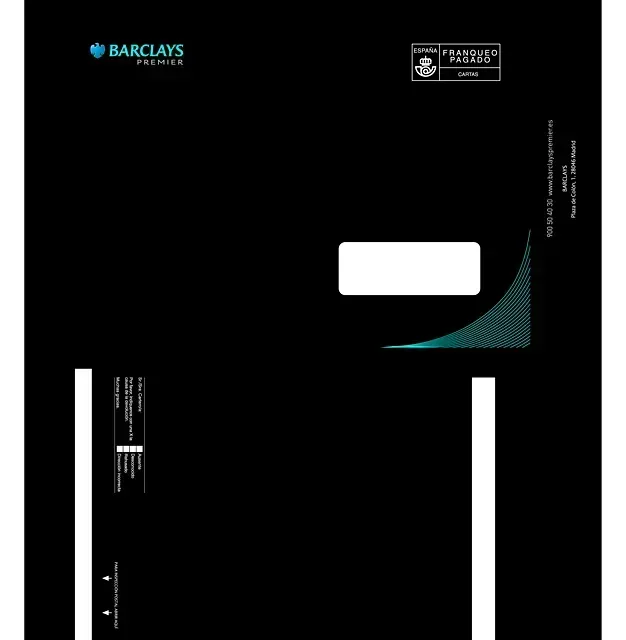 Sobre Barclays Premiere negro con logotipo, ventana de dirección y diseño verde azulado.