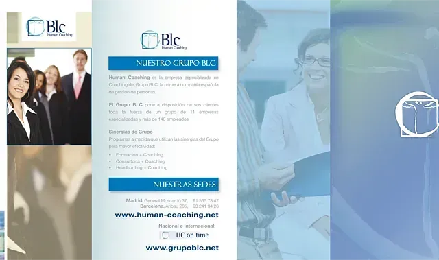 Folleto de BLC Human Searching. Personas vestidas de negocios, con un esquema de colores azul y blanco, y logotipo presente.
