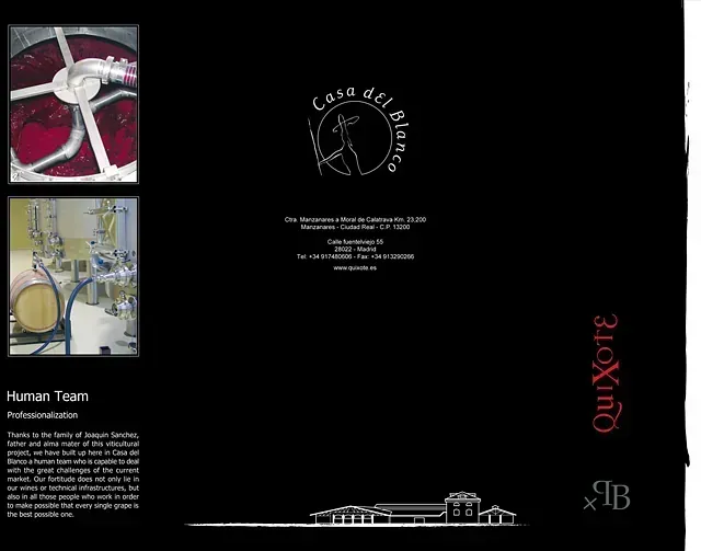 Folleto de Casa del Blanco con detalles de la producción de vino y el logotipo. Fondo negro, imágenes del equipo.