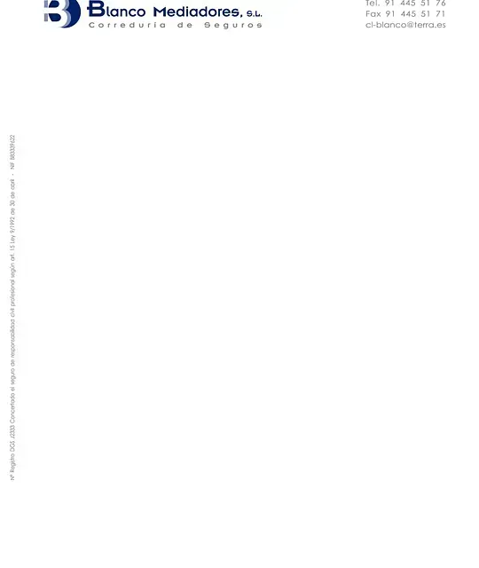 Membrete para Blanco Mediadores, SL, con logotipo y datos de contacto en fondo azul y blanco.