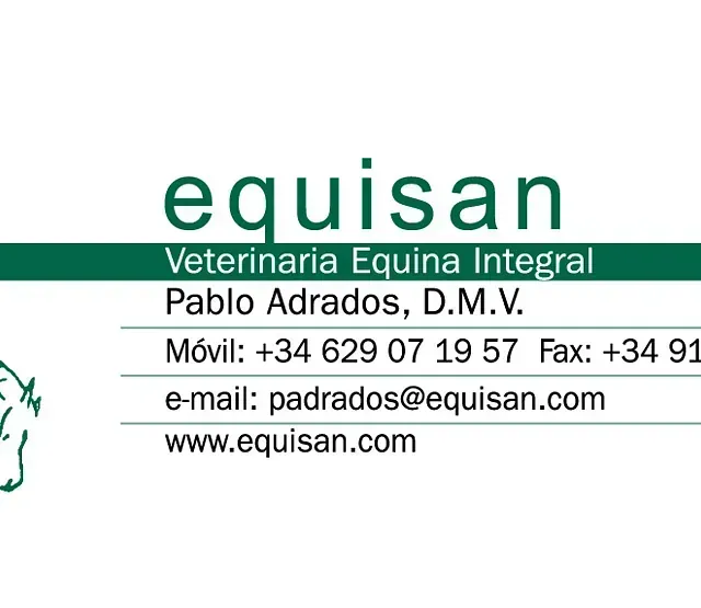 Tarjeta de presentación de equisan, una clínica veterinaria, con nombre, información de contacto y sitio web.