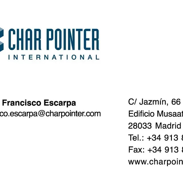 Tarjeta de visita con el logotipo de la empresa “CHAR POINTER INTERNATIONAL”, datos de contacto de Francisco Escarpa y dirección en Madrid.