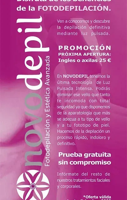 Anuncio de Novodepil rosa: ofrece depilación permanente. Ofertas para axilas y bikini. Prueba gratis.