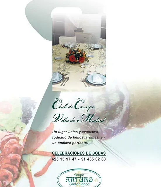 Anuncio del Club de Campo Villa de Madrid. Mesas en un enclave ideal para bodas, con información de contacto.