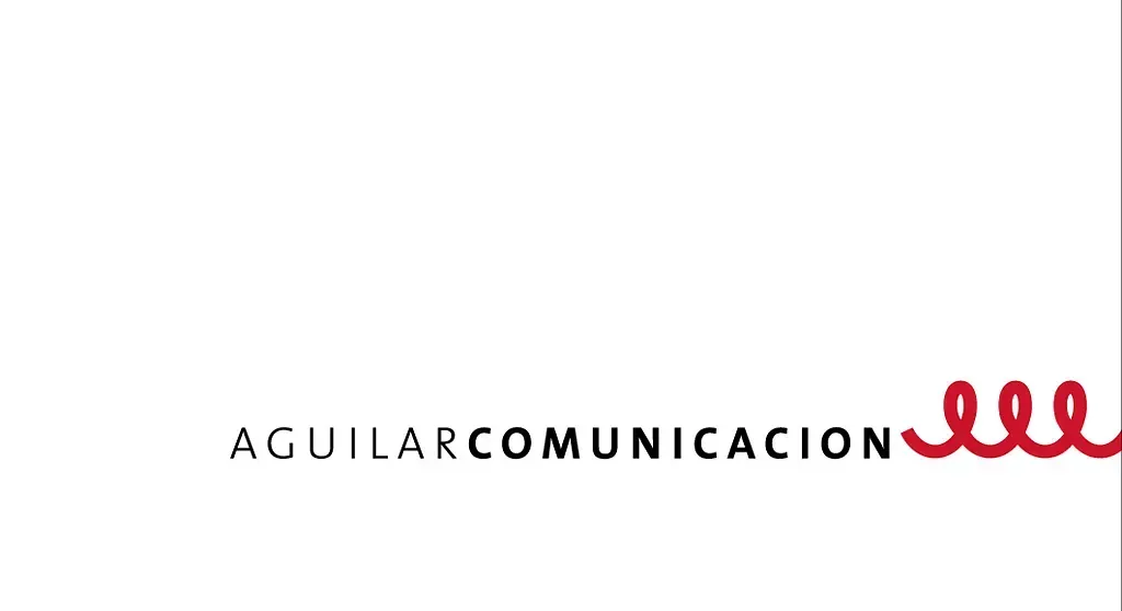 Logotipo de AguilarComunicación con linea roja en espiral.