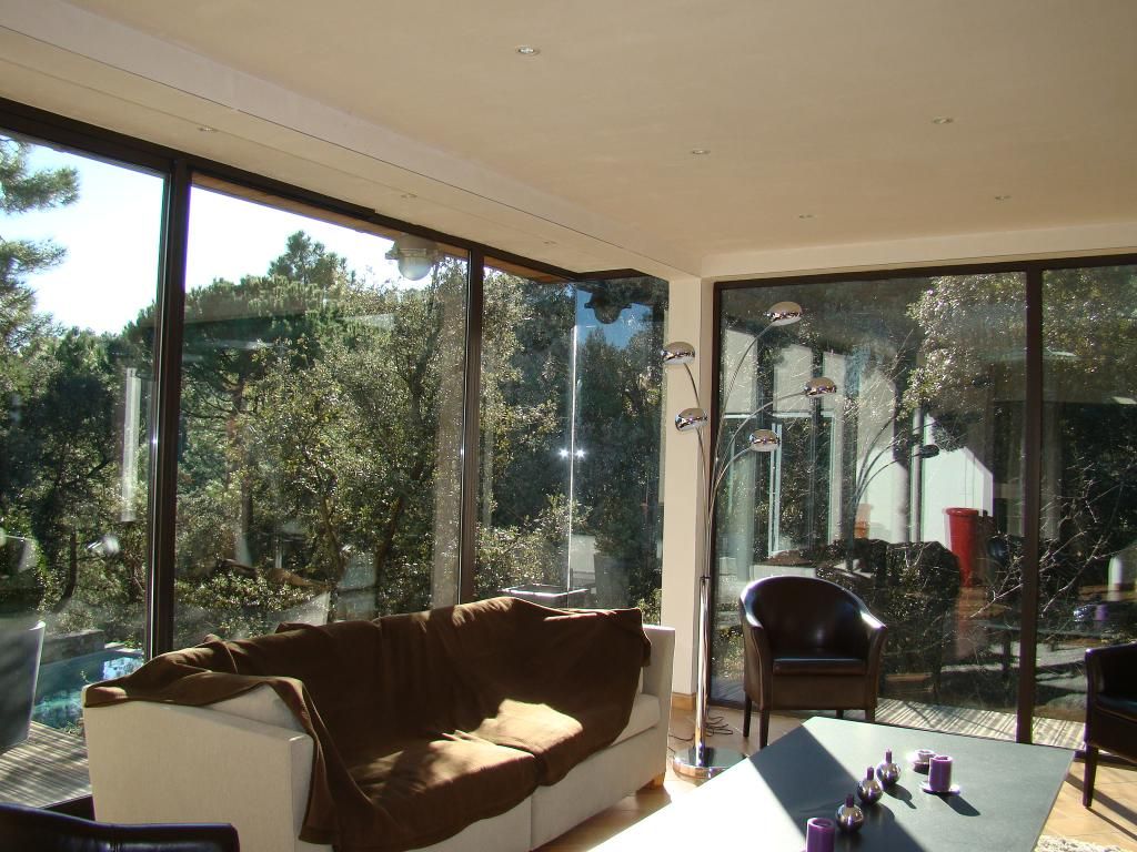 Une pièce baignée de soleil avec de grandes fenêtres donnant sur les arbres, comprenant un canapé beige, des fauteuils en cuir et une petite table.
