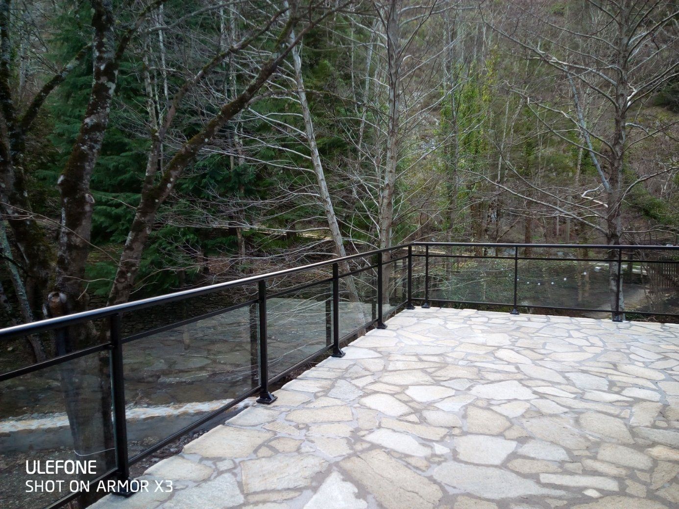 Une terrasse en pierre avec des balustrades en métal noir donnant sur une zone boisée avec des arbres et un petit ruisseau.