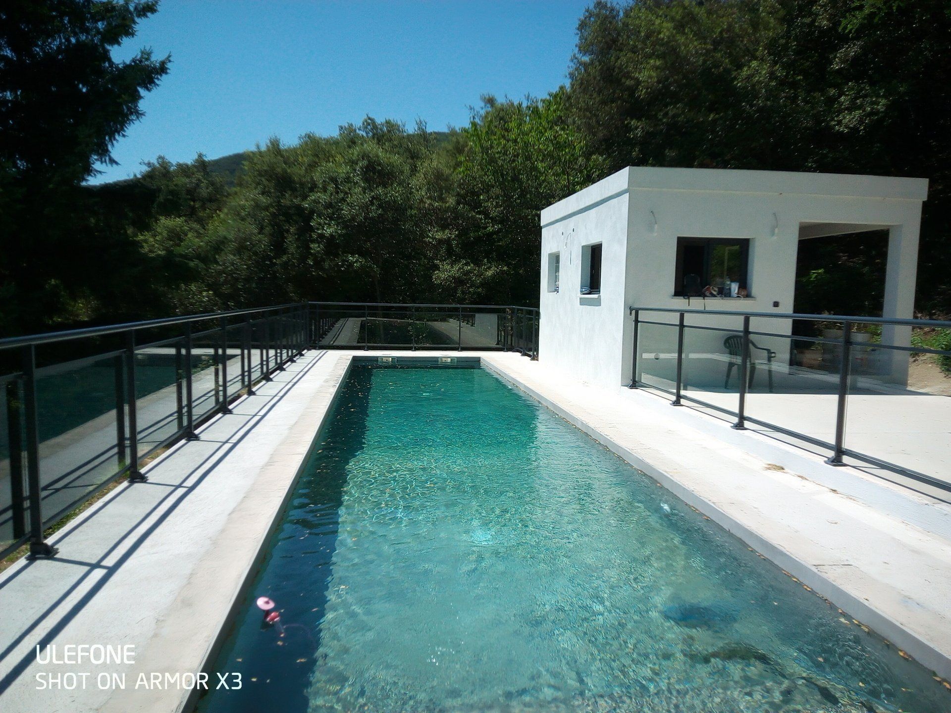Une longue piscine rectangulaire aux eaux turquoise limpides jouxte un bâtiment moderne blanc entouré d'arbres.