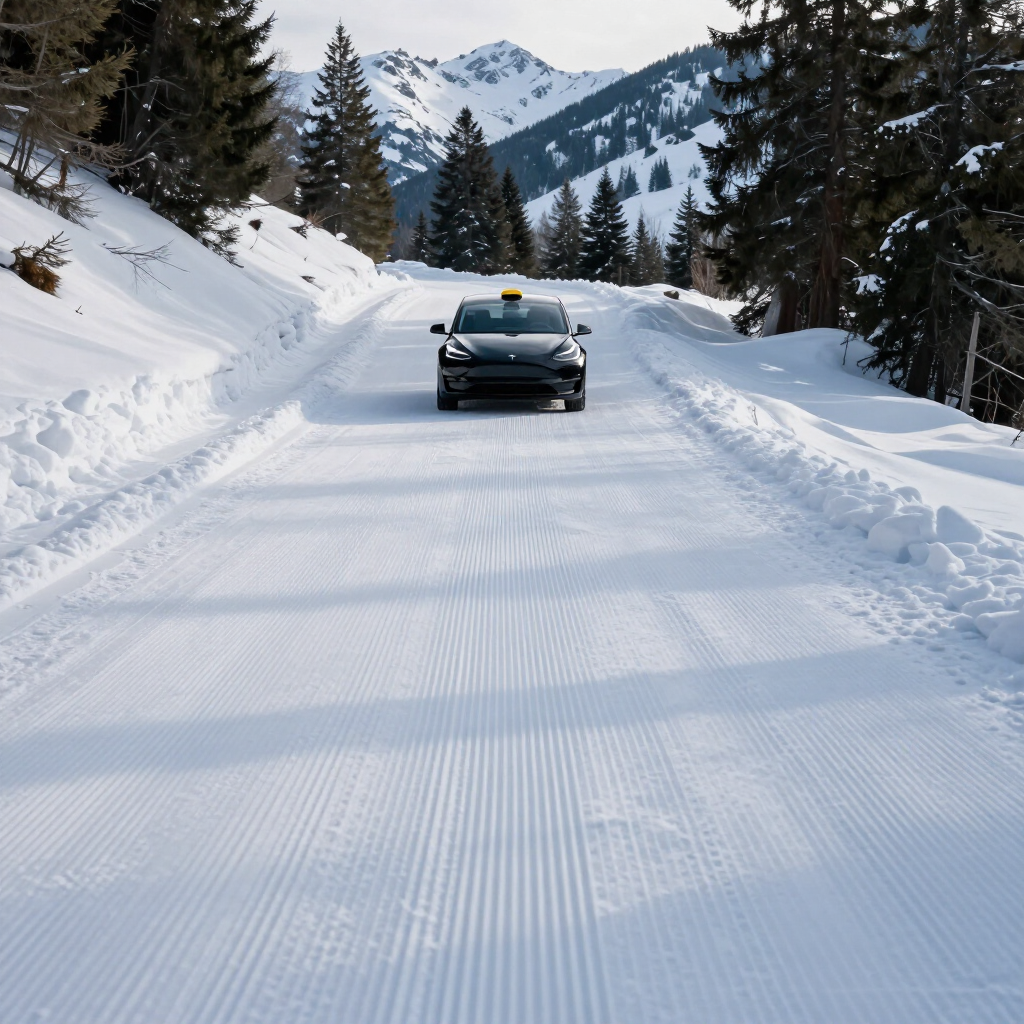 Voiture roulant sur une route de montagne enneigée, avec des pins et des sommets en arrière-plan