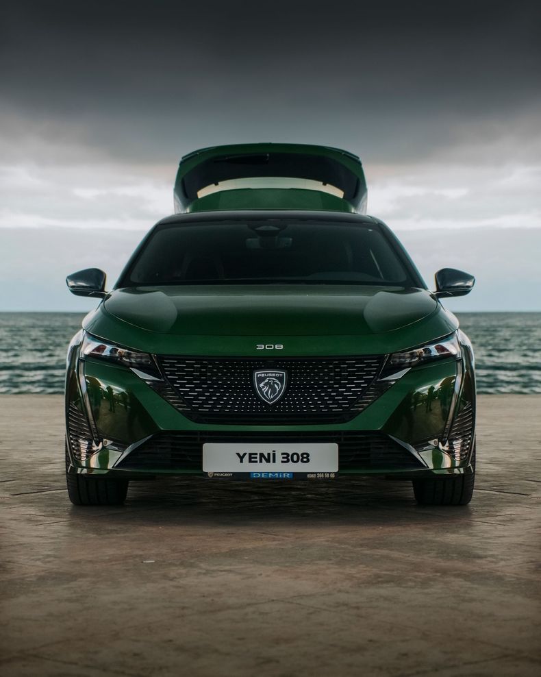 SUV Peugeot vert avec coffre de toit ouvert, vu de face sur une plage, avec la mer en arrière-plan.