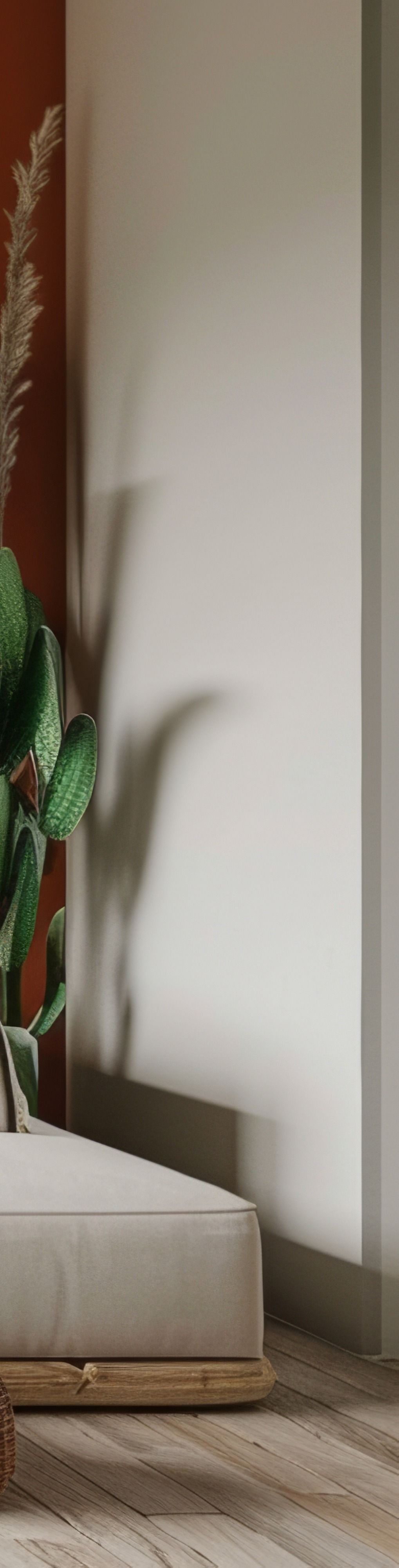 Un mur blanc avec une feuille de plante verte.