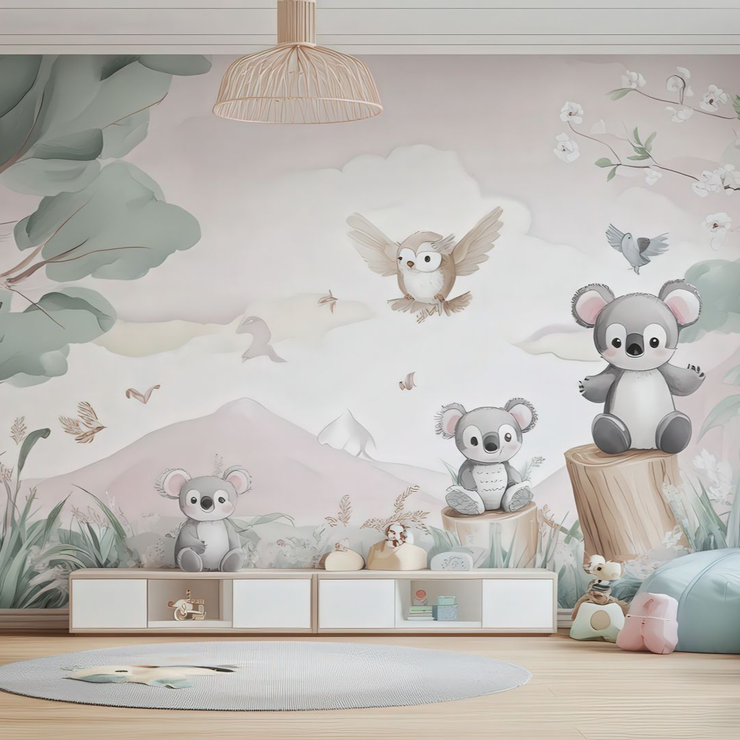 Une fresque murale pour chambre d'enfant représentant de douces collines roses, des arbres verts, un hibou et des koalas en peluche assis sur des souches et des étagères en bois.