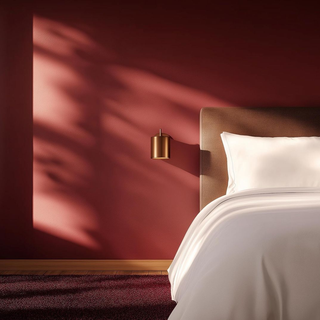 Une chambre avec un mur rouge foncé, une tête de lit marron, du linge de lit blanc et une lampe murale en bronze baignée d'une chaude lumière du soleil.