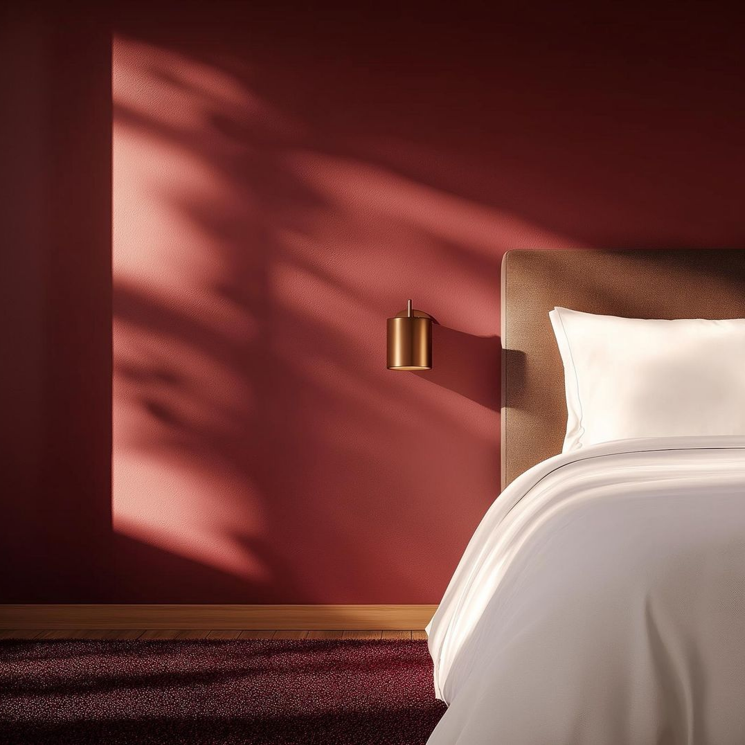 Une chambre moderne avec un mur rouge foncé, une tête de lit capitonnée beige, du linge de lit blanc et une petite applique murale métallique.