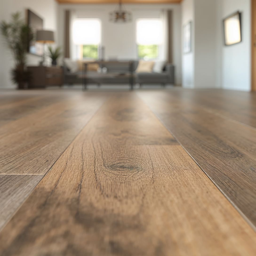 Vue en contreplongée d'un parquet rustique en bois clair dans un salon moderne et ensoleillé, avec des éléments de décoration intérieure flous en arrière-plan.