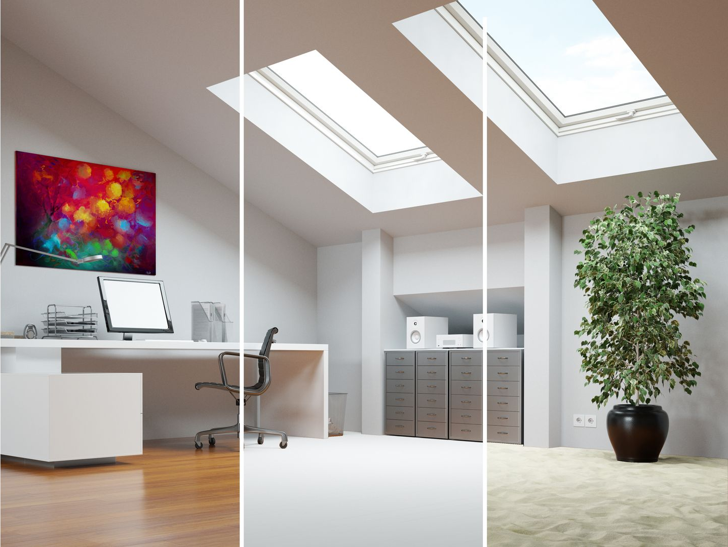 Comparaison en écran partagé d'un bureau sous les combles avec trois options de revêtement de sol différentes : bois poli, blanc et moquette.