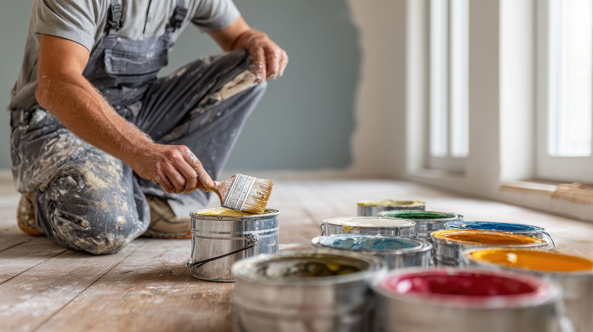 Une personne en salopette de travail est accroupie sur un plancher en bois, tenant un pinceau au-dessus d'un pot de peinture ouvert, avec divers pots de peinture à proximité.