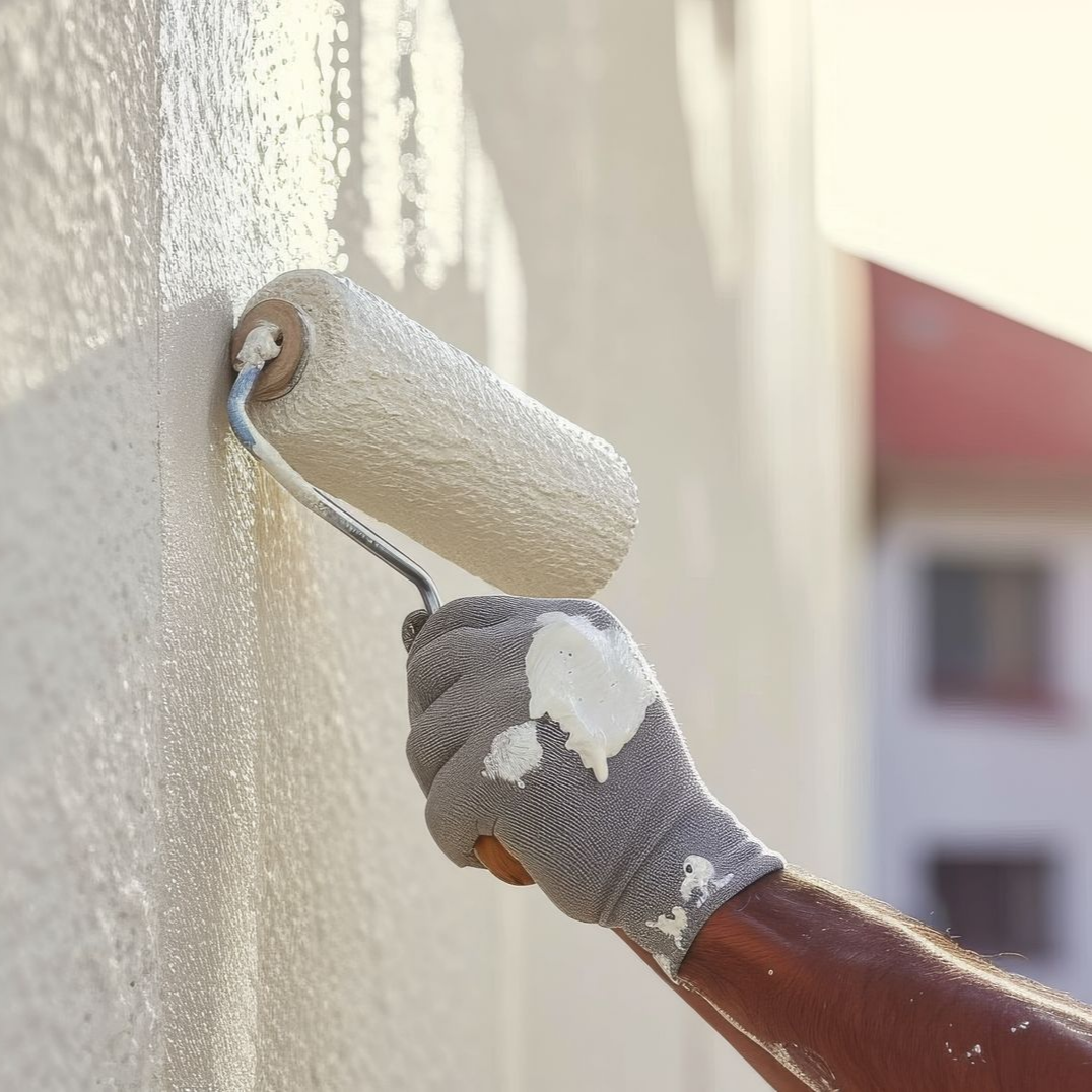 Une main gantée de gris texturé utilise un rouleau à peinture pour appliquer de la peinture blanche sur un mur texturé.