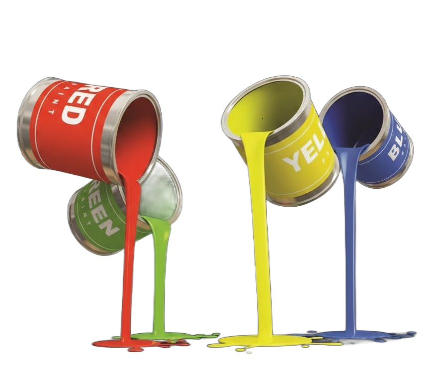 De la peinture rouge, verte, jaune et bleue se déverse de quatre bidons métalliques inclinés sur une surface blanche.