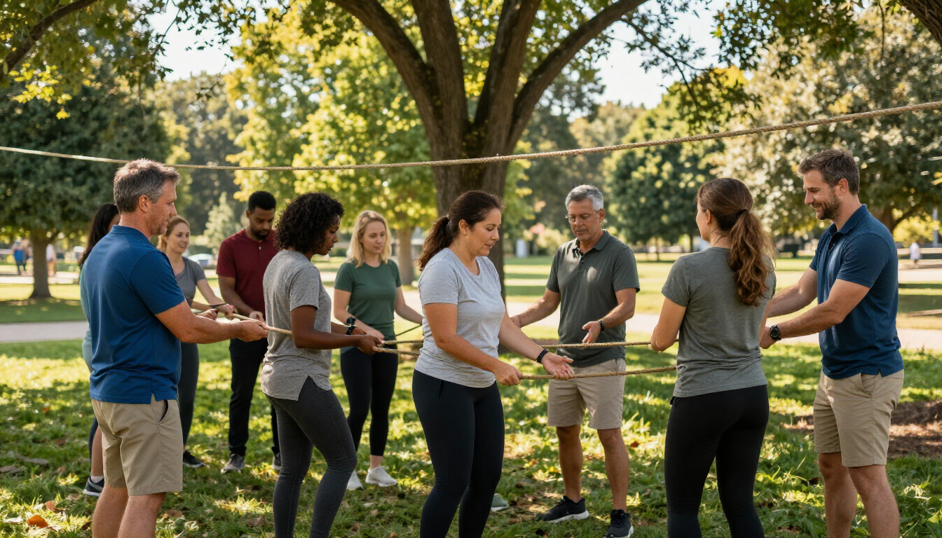 Grupo de personas de pie en un parque, hablando y sosteniendo papeles bajo los árboles en un entorno soleado al aire libre.