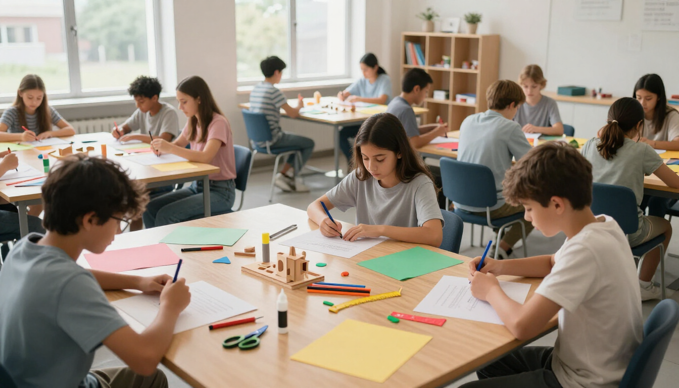 Los alumnos colaboran sentados en mesas en un aula luminosa, dibujando y trabajando con materiales coloridos.