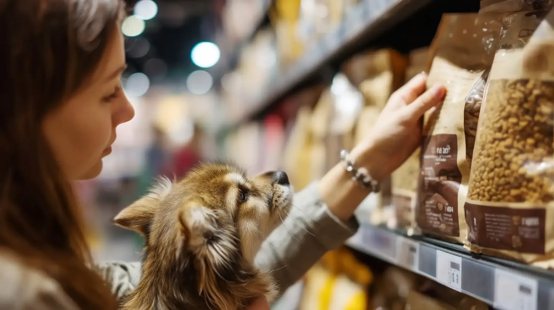Mujer y perro seleccionando comida para perros en una tienda; perro olfateando una bolsa en el estante.