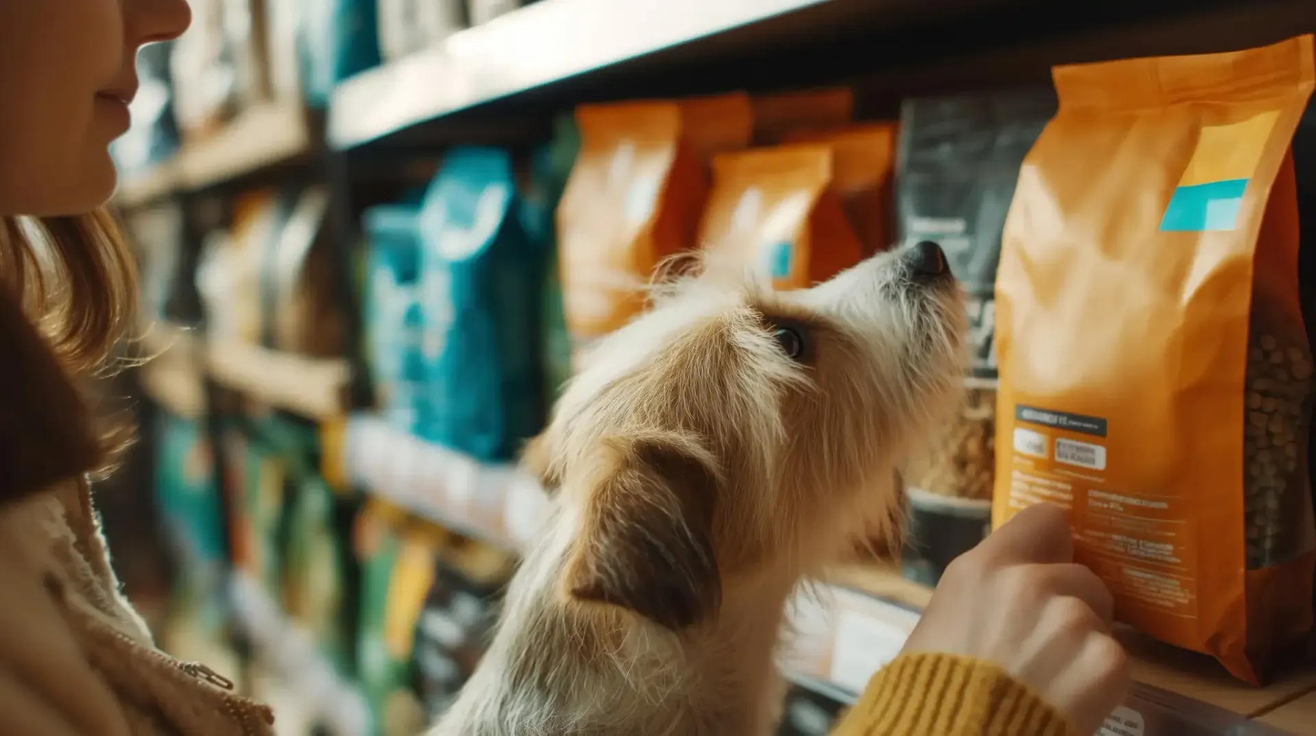 Mujer y perro en el pasillo de comida para mascotas; el perro huele una bolsa naranja, la mujer la señala.