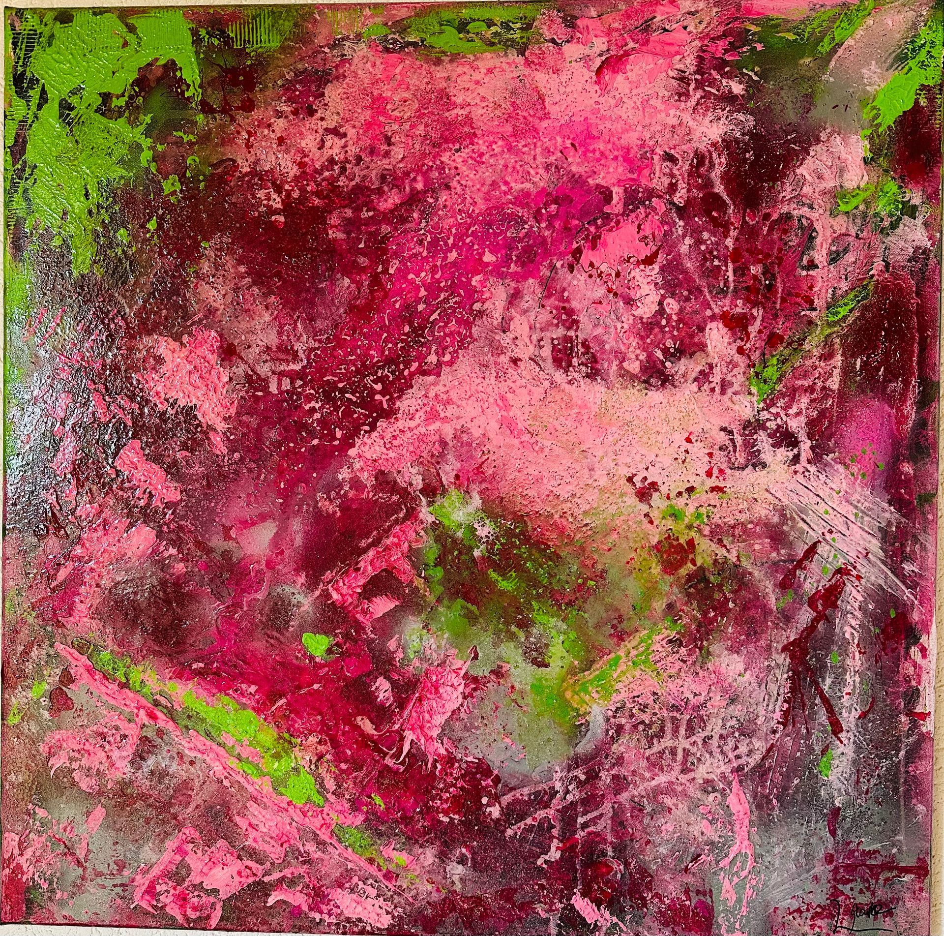 Eine Nahaufnahme eines Gemäldes mit rosa und grüner Farbe