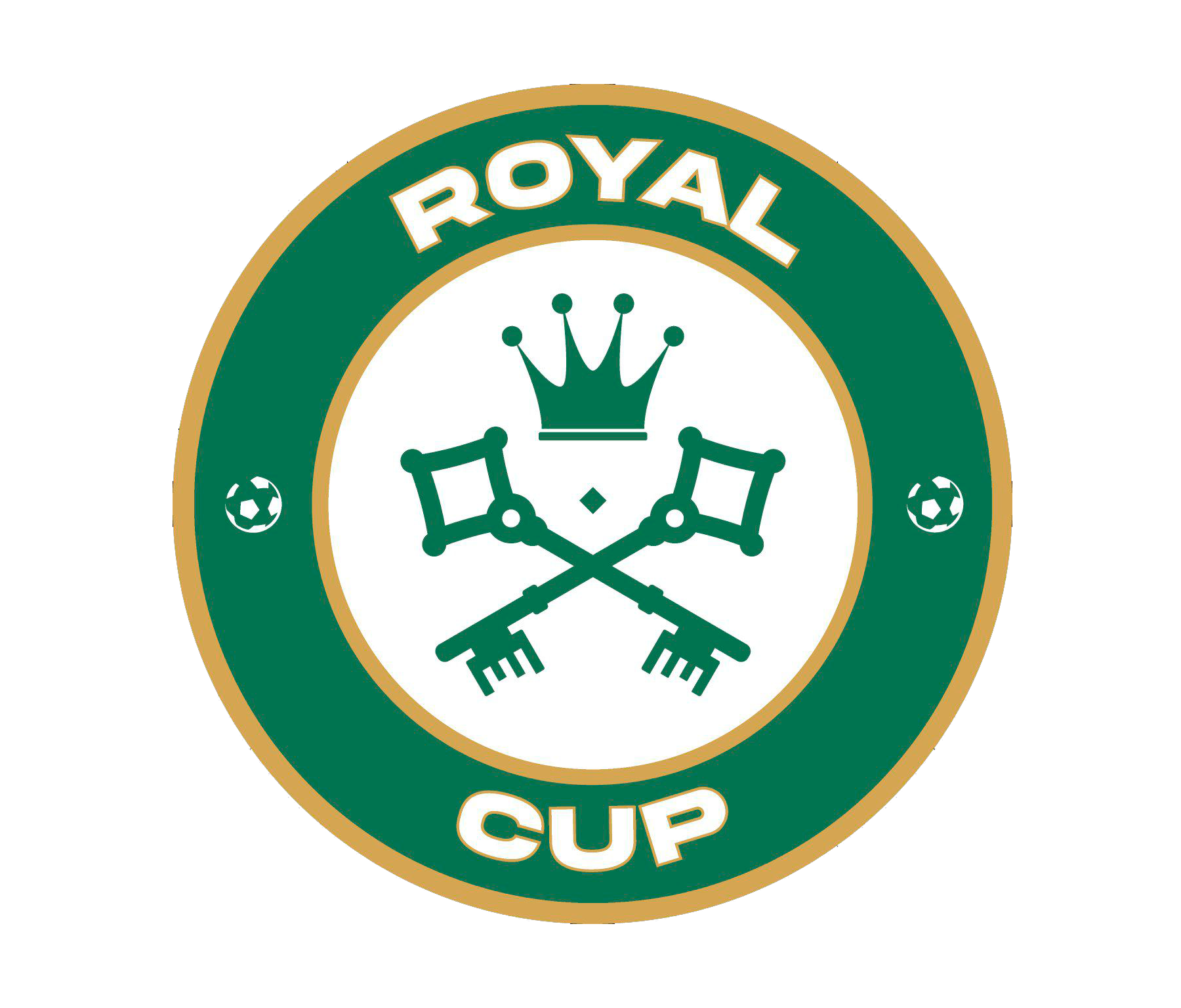 Logotipo de la Royal Cup, emblema circular verde y dorado; llaves cruzadas, corona y balones de fútbol.
