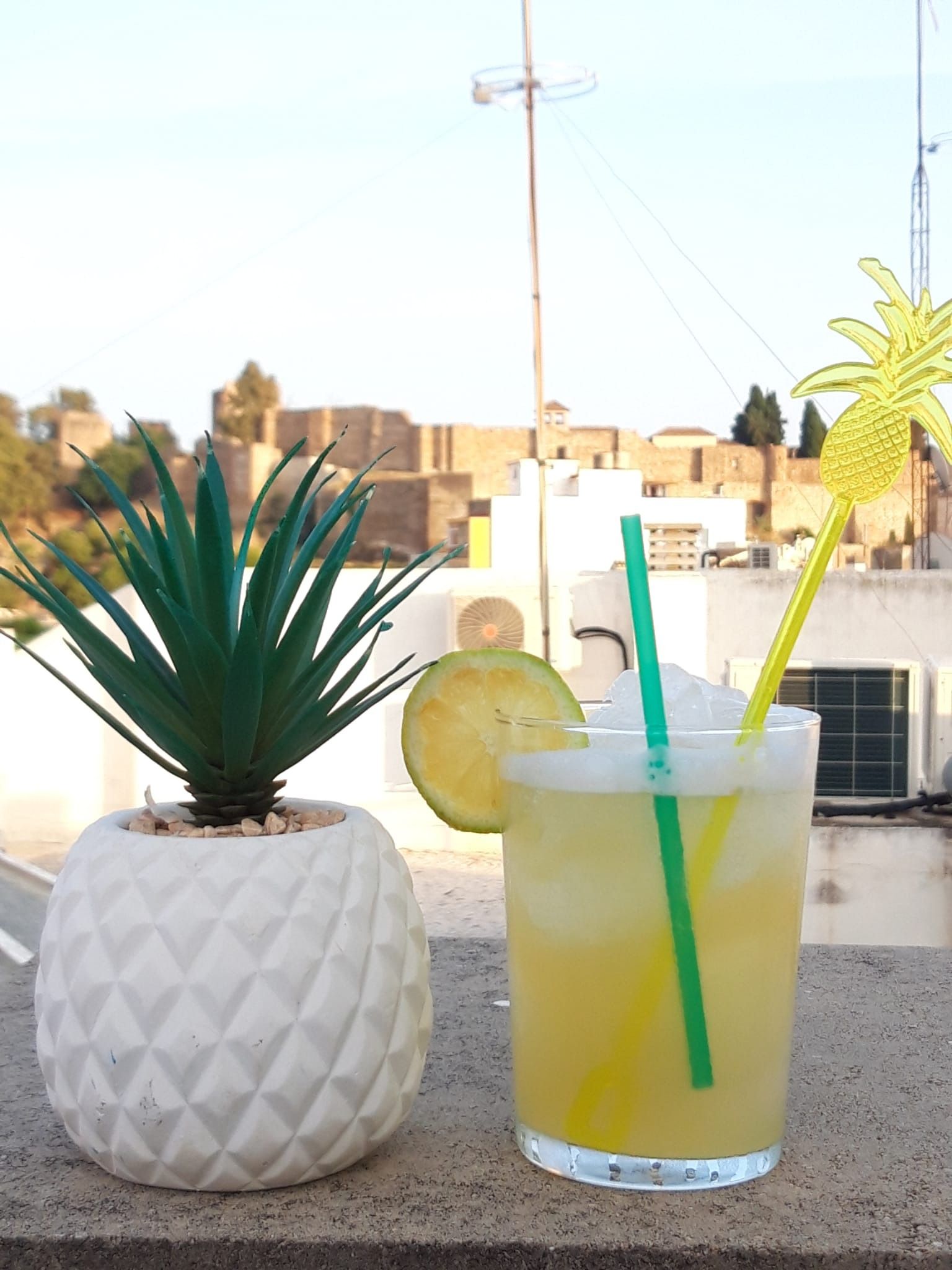 Una planta en maceta con forma de piña junto a un vaso de limonada.