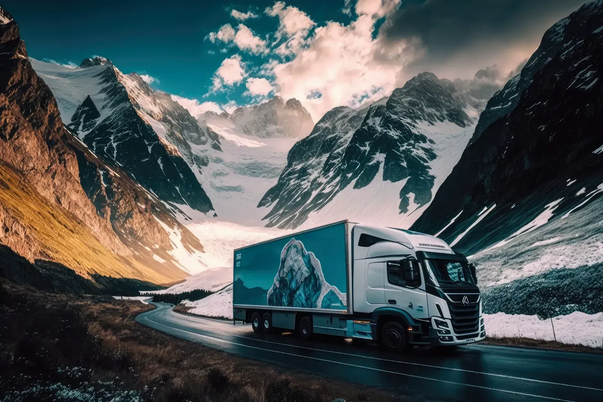 Un camión circula por una carretera con montañas al fondo.