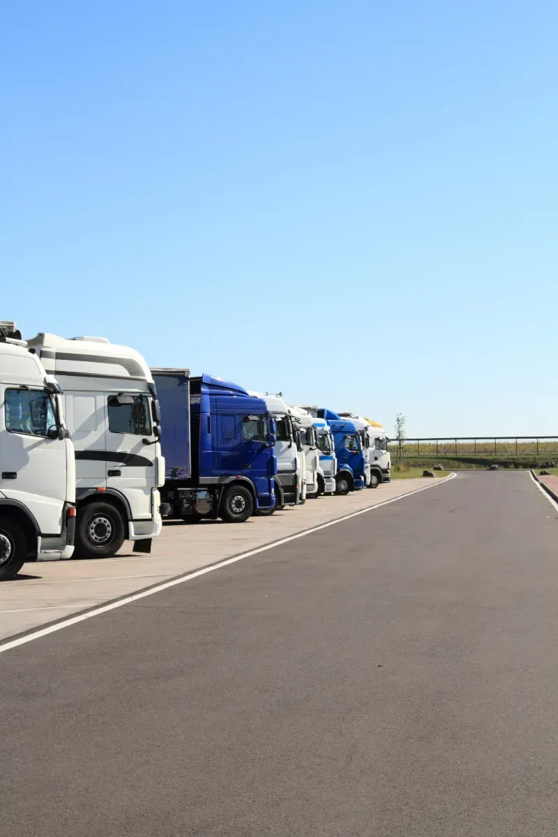 Una fila de camiones semirremolques están estacionados al costado de la carretera.