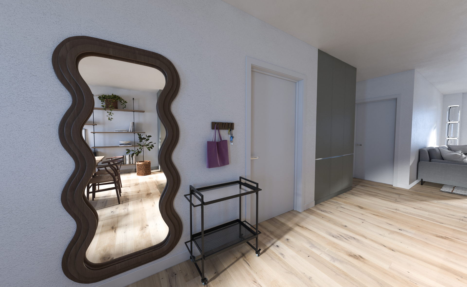 Eine digitale Architekturvisualisierung eines Kieshofs zwischen einer traditionellen Scheune und einem modernen, holzverkleideten Apartmentgebäude.