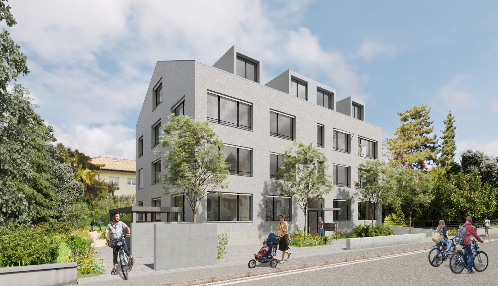 Digitale Darstellung eines hellen, mehrstöckigen Wohnhauses mit Giebeldach an einer von Bäumen gesäumten Strasse.