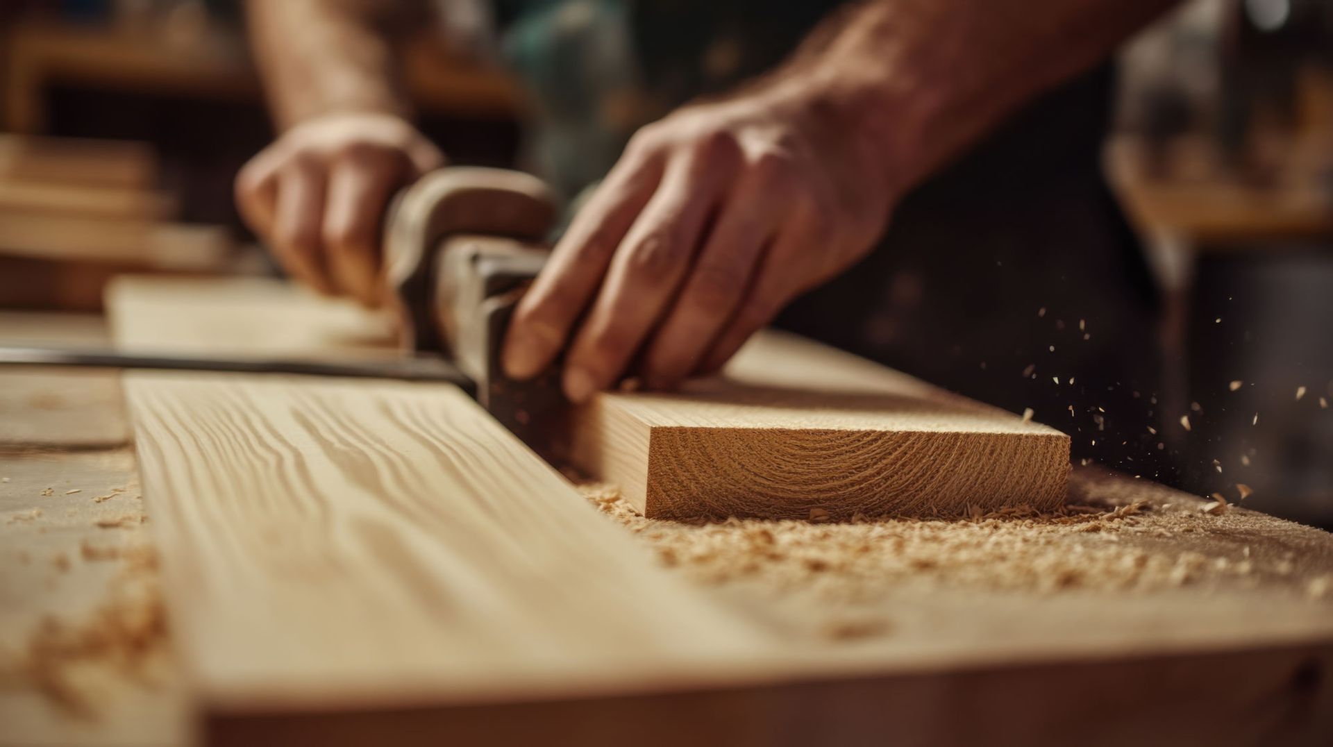 Person arbeitet mit einem Gerät an einem Holzstück. Überall sind Holzspäne verteilt.