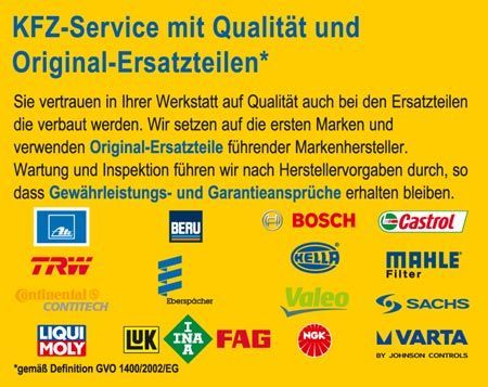 ein gelb-weißes Schild mit den Worten kfz-service mit Qualität und original-ersatzteilen