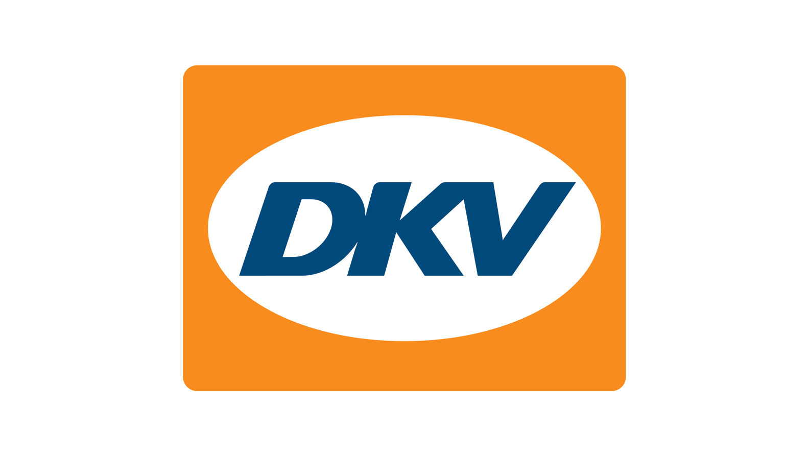 ein blau-weißes dkv-Logo in einem orangefarbenen Quadrat