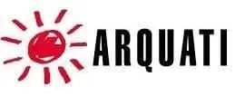 Um logotipo para uma empresa chamada arquati com um sol vermelho no meio.