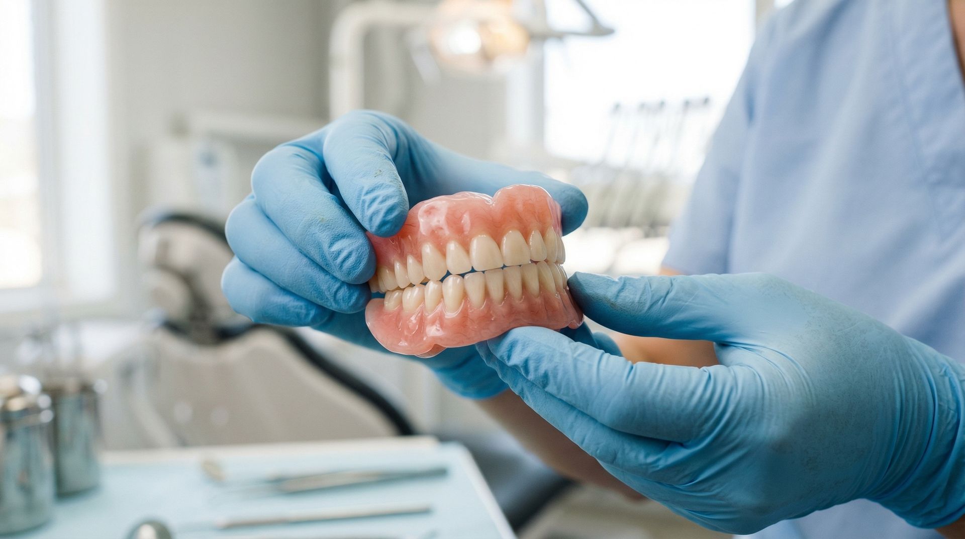 Des mains gantées tiennent un dentier dans une clinique dentaire