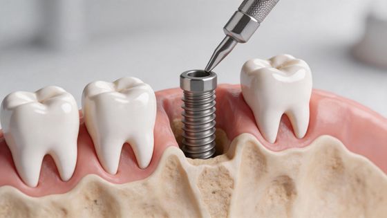 Implant dentaire posé dans un modèle de gencive avec des dents blanches et un instrument chirurgical