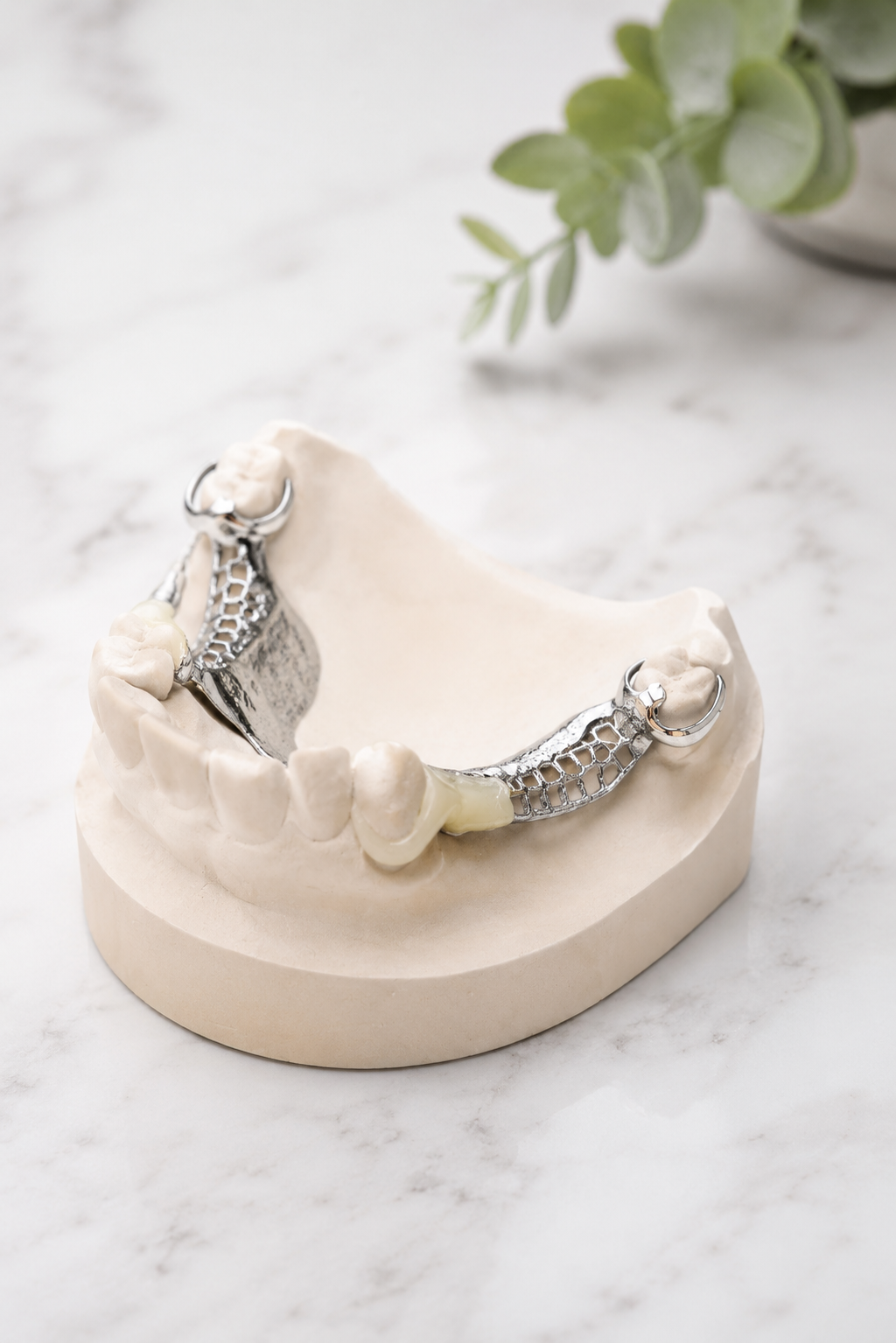 Modèle dentaire des dents supérieures avec appareil dentaire métallique sur un moule de mâchoire beige