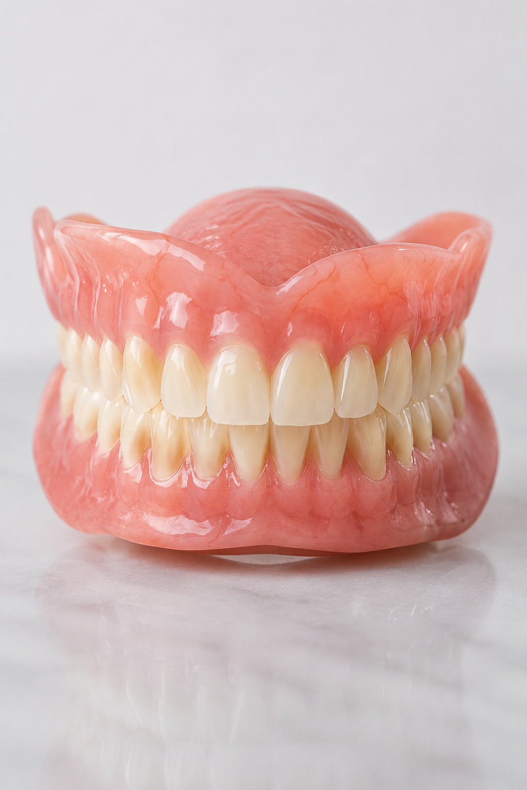 Mains tenant un modèle dentaire rose de dents sur fond blanc