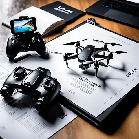 Un control remoto, una cámara y un dron están sobre una mesa.