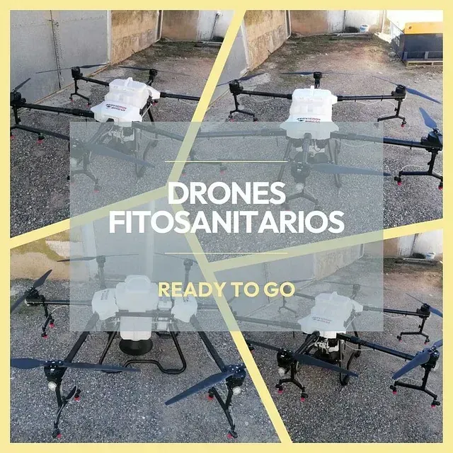 Un collage de drones con las palabras drones fitosanitarios listos para funcionar