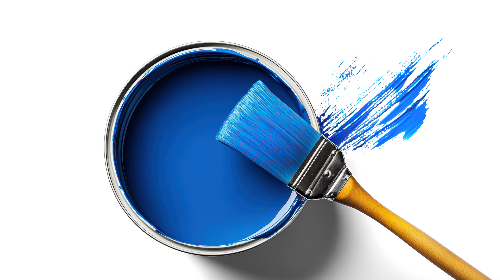 Un pot de peinture bleu avec un pinceau dessus.