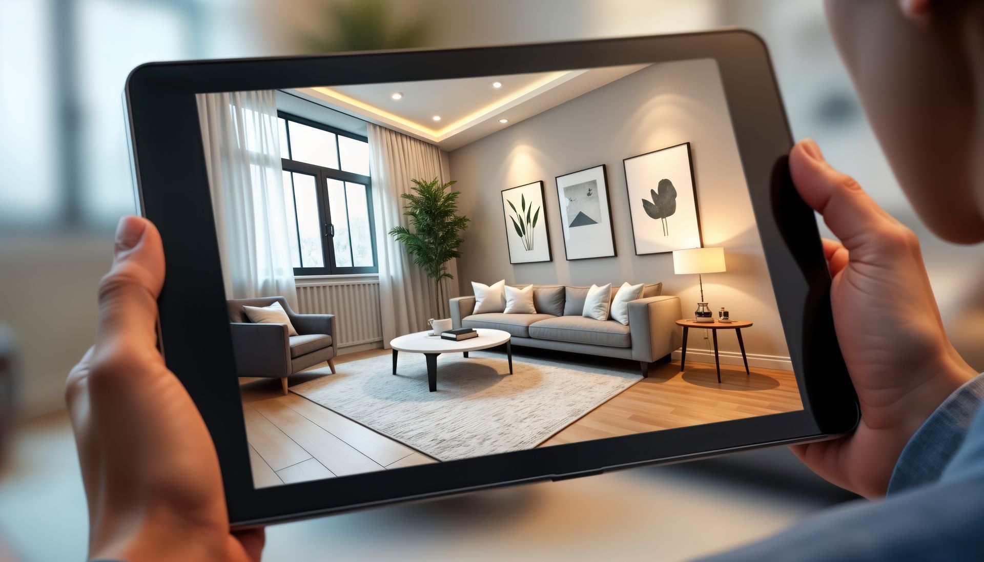 Une personne tenant une tablette dans sa main et regardant une photographie.