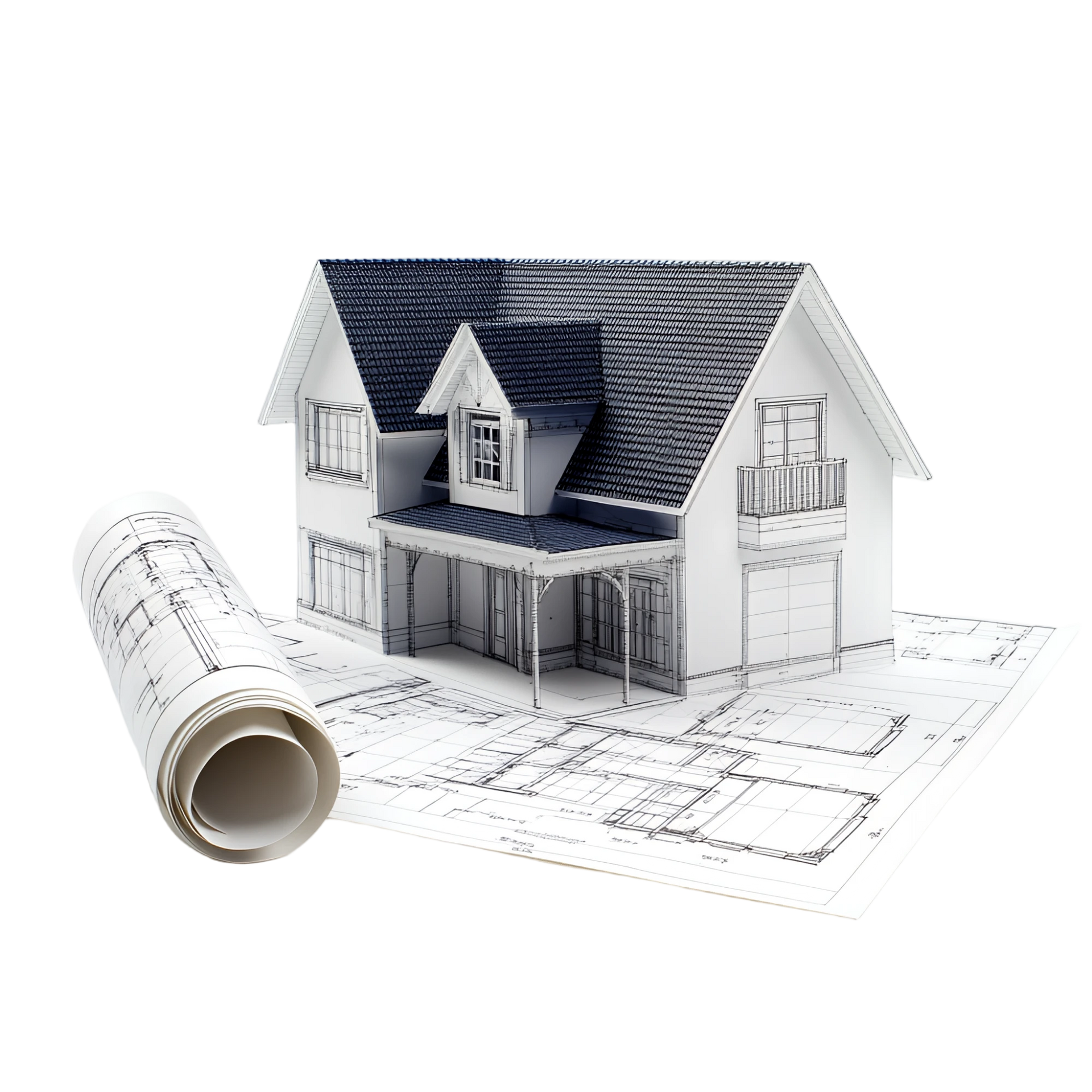 Une maison posée sur un plan architectural.