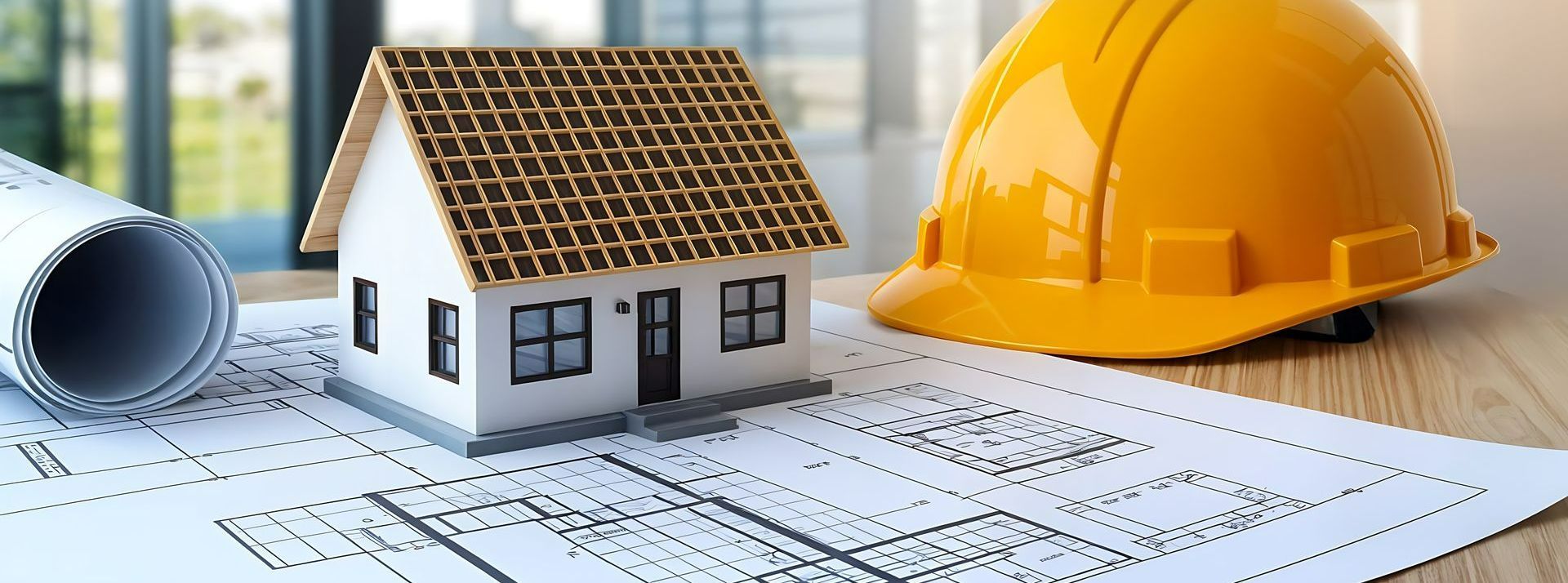 Une maison et un casque de chantier posés sur un plan architectural.