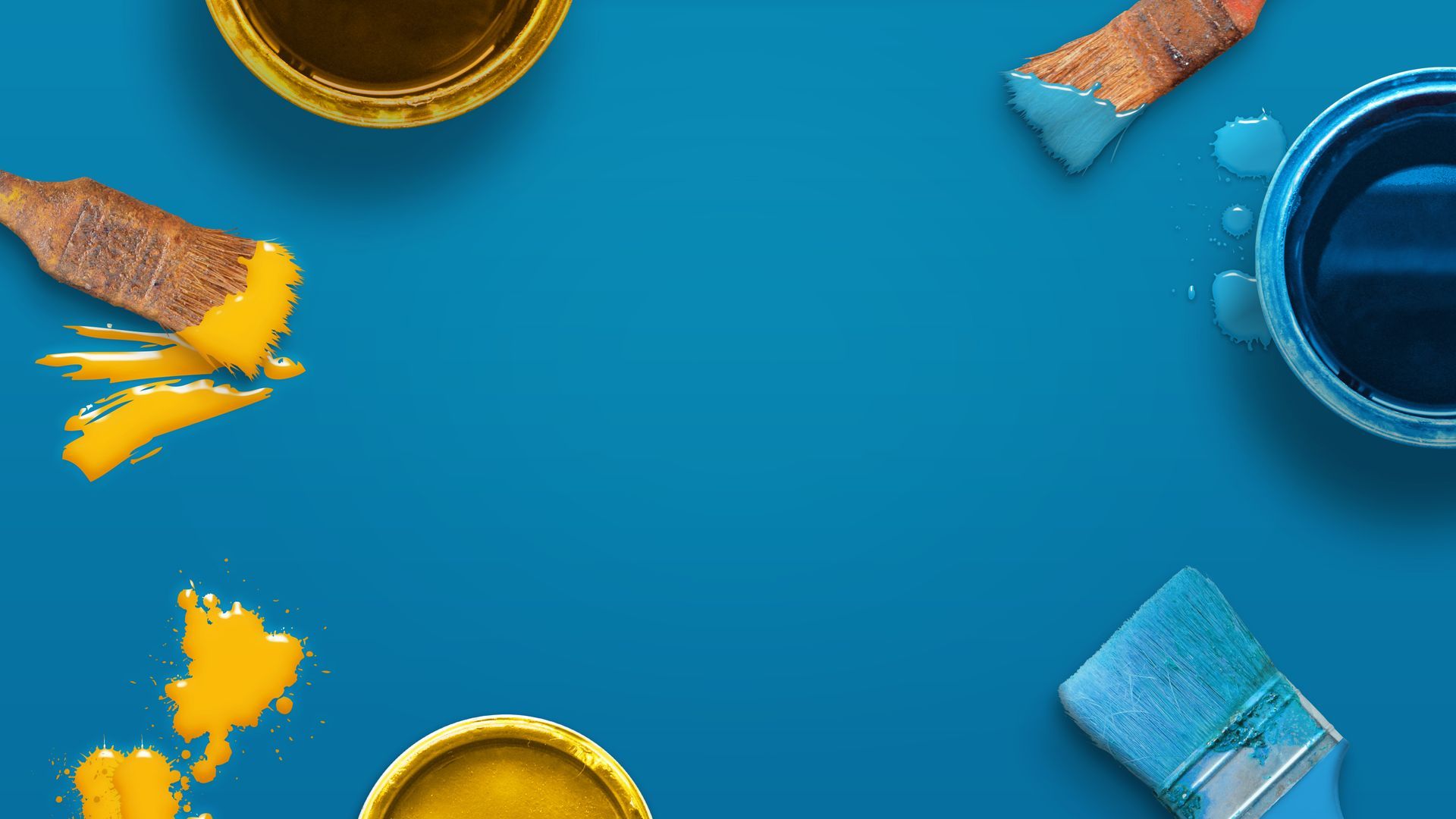 Un fond bleu avec des pots de peinture jaunes et bleus.