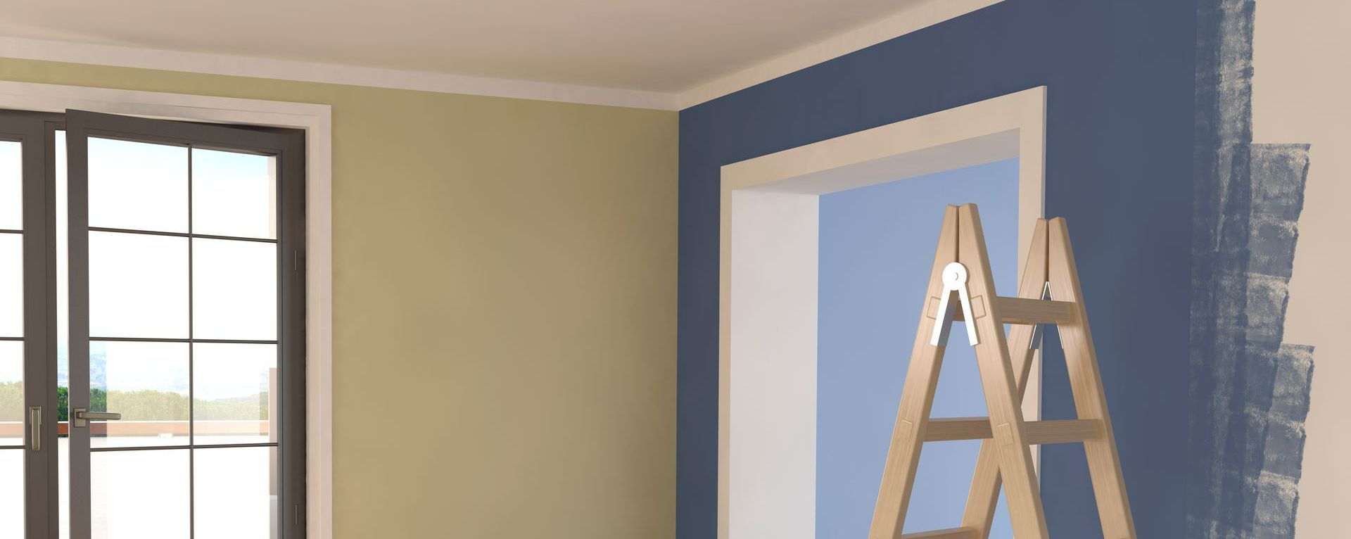 Une pièce de maison avec une échelle et un mur peint en bleu.